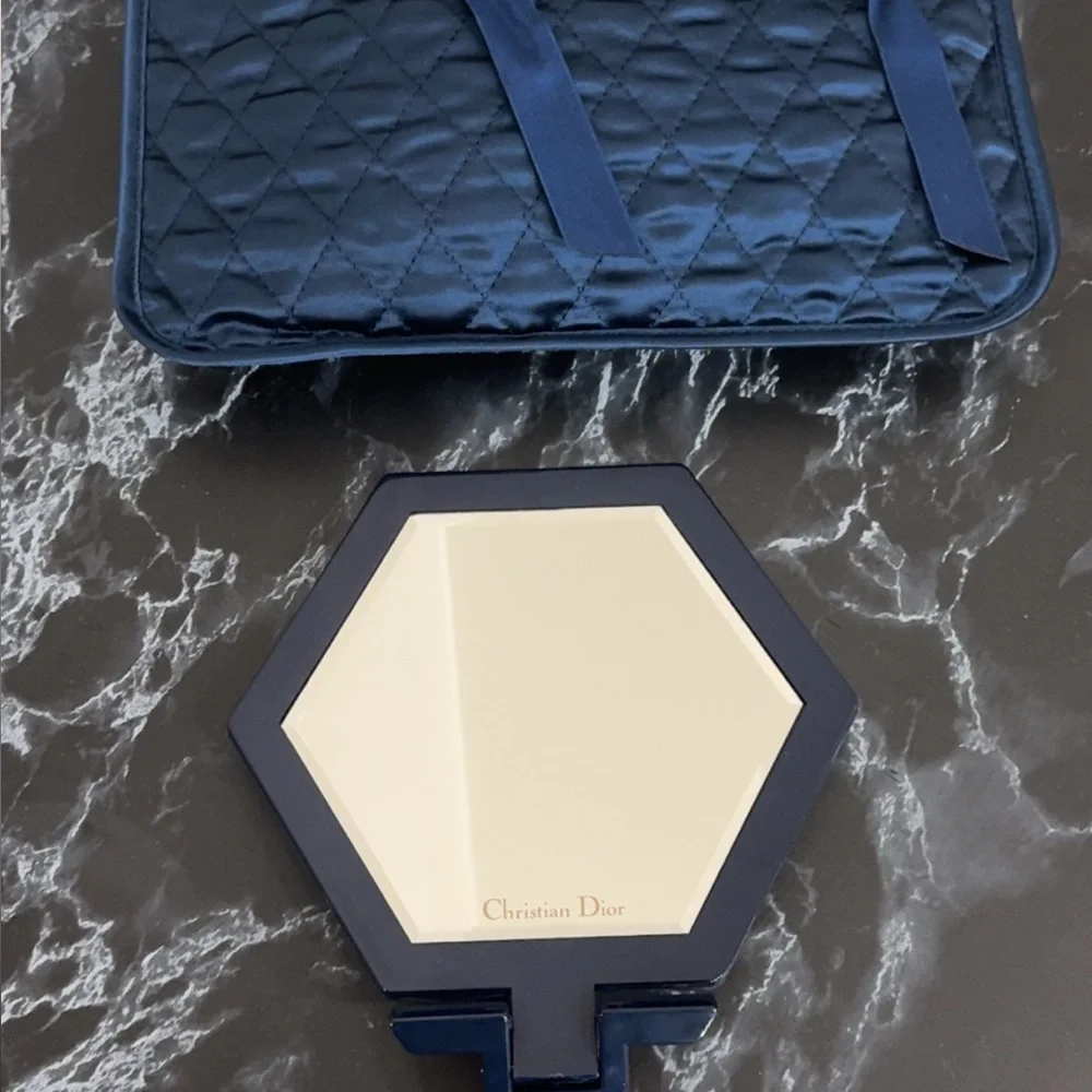 Christian Dior Quilted Makeup Pouch & Mirror Set in Navy Blue AUTHENTIC Like New